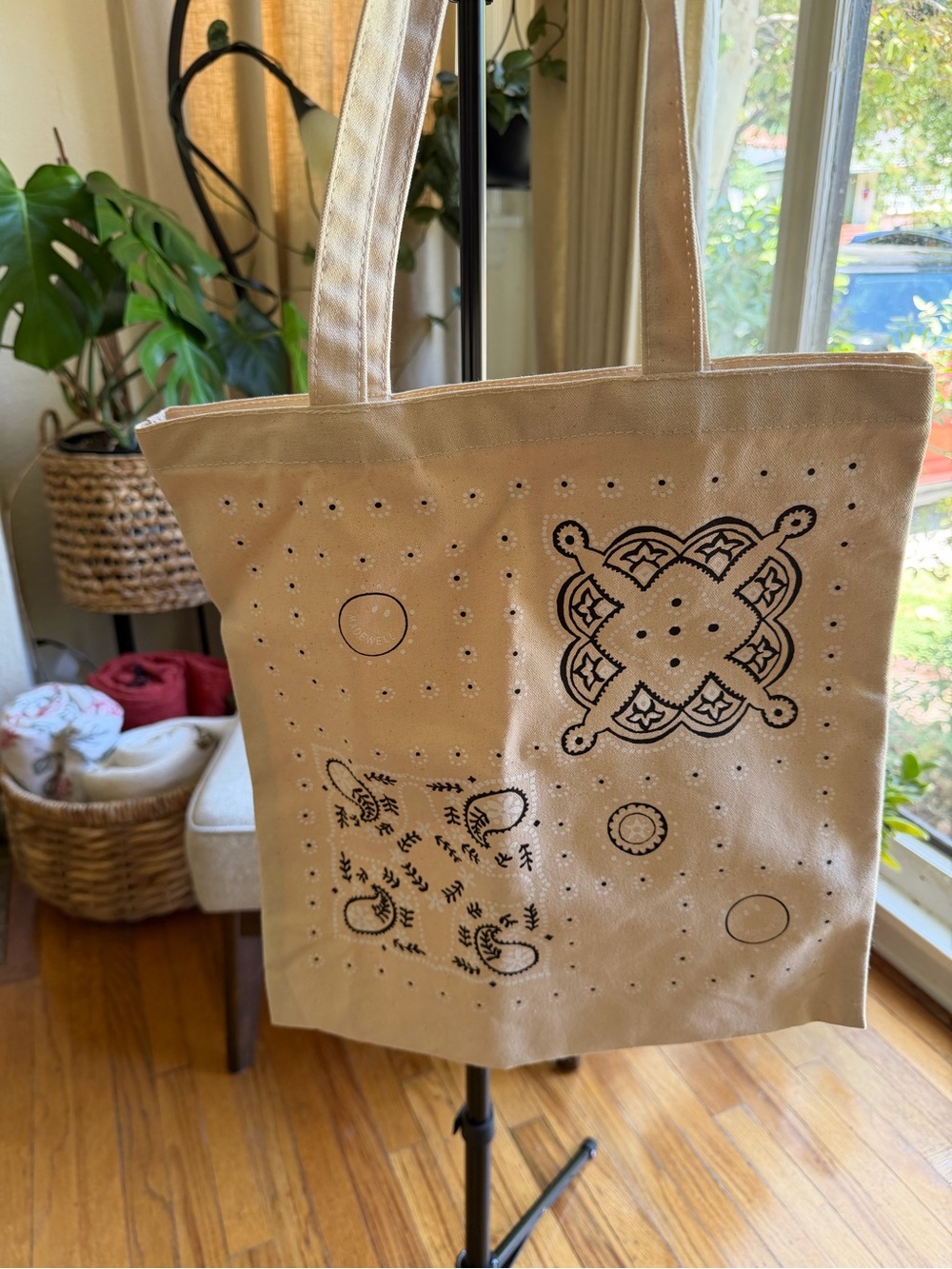 Madewell Beige Canvas Tote with Black Stamped Motifs